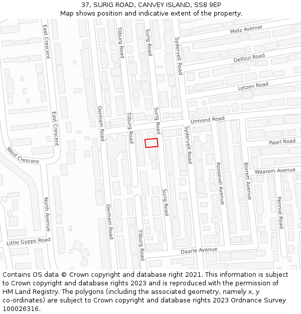 37, SURIG ROAD, CANVEY ISLAND, SS8 9EP: Location map and indicative extent of plot