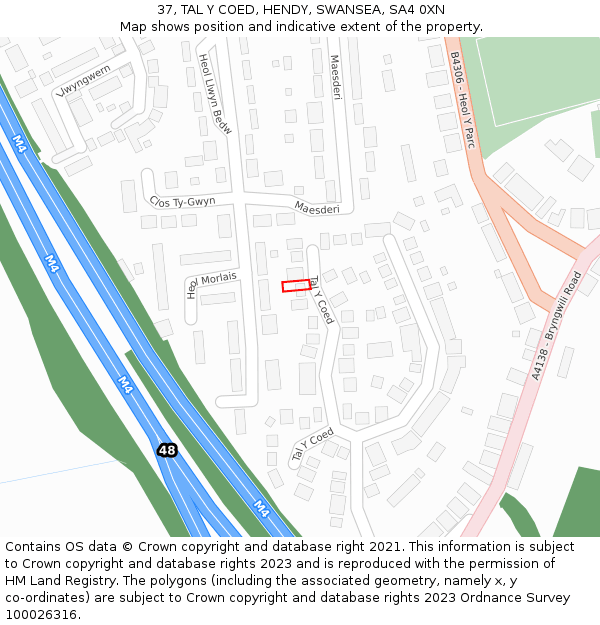 37, TAL Y COED, HENDY, SWANSEA, SA4 0XN: Location map and indicative extent of plot