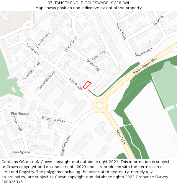 37, TANSEY END, BIGGLESWADE, SG18 8WL: Location map and indicative extent of plot