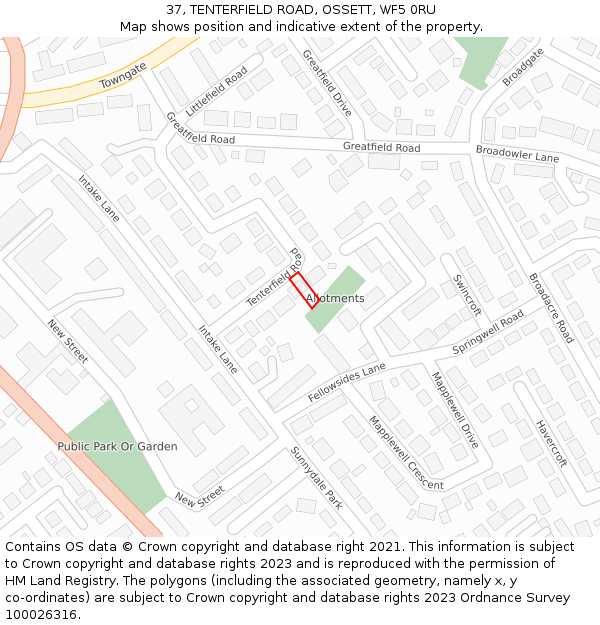 37, TENTERFIELD ROAD, OSSETT, WF5 0RU: Location map and indicative extent of plot