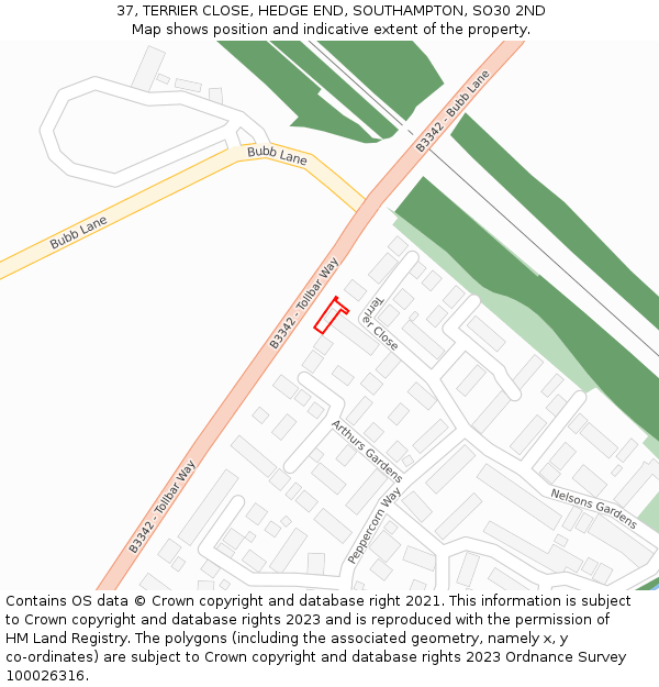 37, TERRIER CLOSE, HEDGE END, SOUTHAMPTON, SO30 2ND: Location map and indicative extent of plot