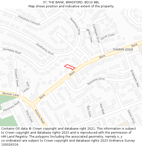 37, THE BANK, BRADFORD, BD10 8BL: Location map and indicative extent of plot