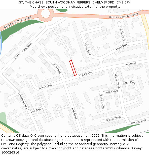 37, THE CHASE, SOUTH WOODHAM FERRERS, CHELMSFORD, CM3 5PY: Location map and indicative extent of plot