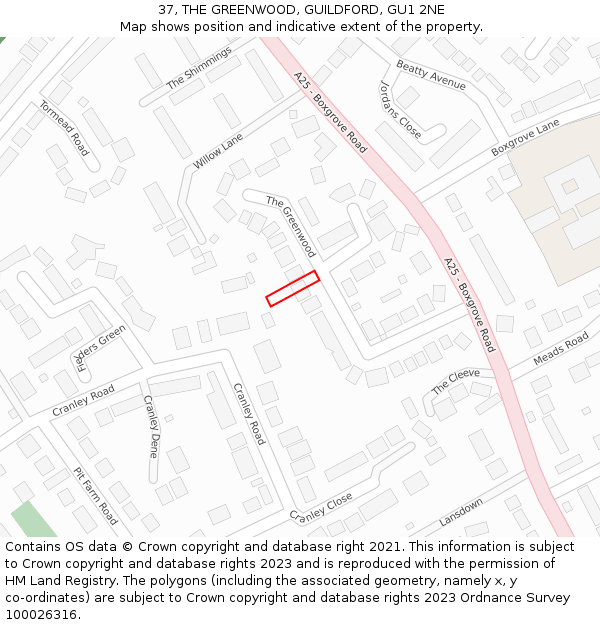 37, THE GREENWOOD, GUILDFORD, GU1 2NE: Location map and indicative extent of plot