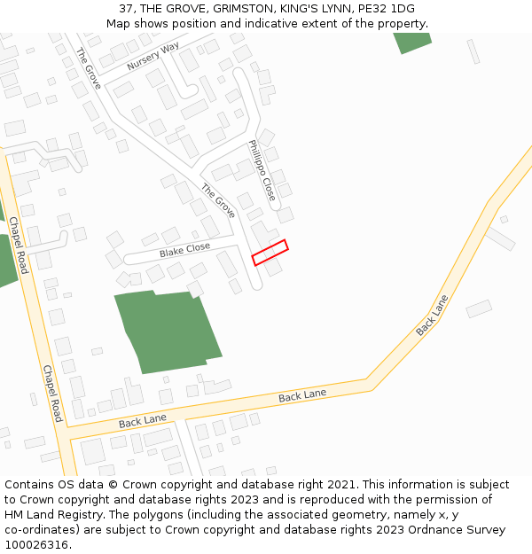 37, THE GROVE, GRIMSTON, KING'S LYNN, PE32 1DG: Location map and indicative extent of plot