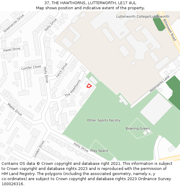 37, THE HAWTHORNS, LUTTERWORTH, LE17 4UL: Location map and indicative extent of plot