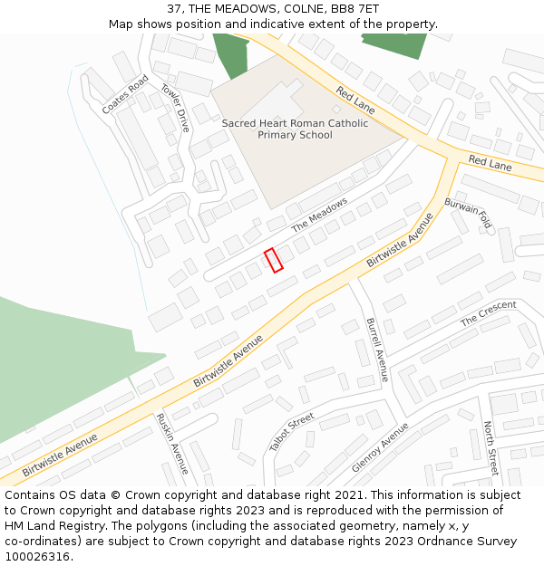 37, THE MEADOWS, COLNE, BB8 7ET: Location map and indicative extent of plot