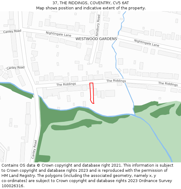 37, THE RIDDINGS, COVENTRY, CV5 6AT: Location map and indicative extent of plot