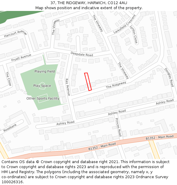 37, THE RIDGEWAY, HARWICH, CO12 4AU: Location map and indicative extent of plot