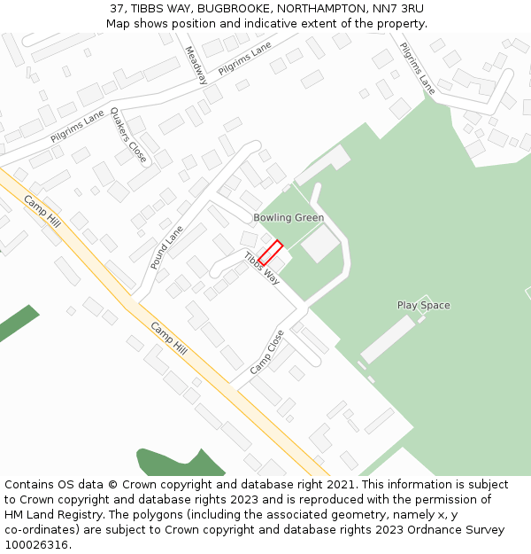 37, TIBBS WAY, BUGBROOKE, NORTHAMPTON, NN7 3RU: Location map and indicative extent of plot