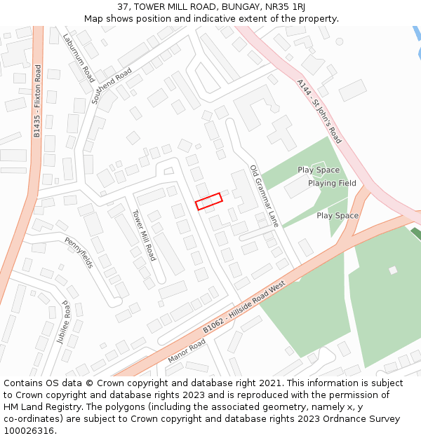 37, TOWER MILL ROAD, BUNGAY, NR35 1RJ: Location map and indicative extent of plot