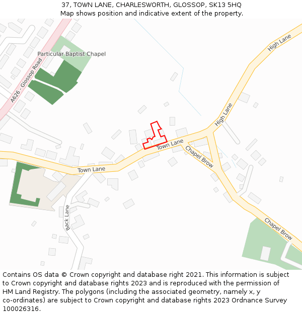 37, TOWN LANE, CHARLESWORTH, GLOSSOP, SK13 5HQ: Location map and indicative extent of plot