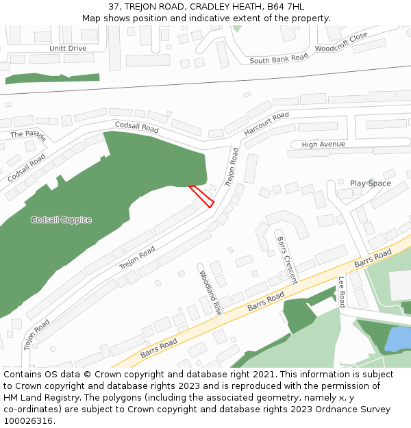 37, TREJON ROAD, CRADLEY HEATH, B64 7HL: Location map and indicative extent of plot