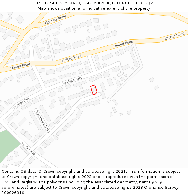 37, TRESITHNEY ROAD, CARHARRACK, REDRUTH, TR16 5QZ: Location map and indicative extent of plot