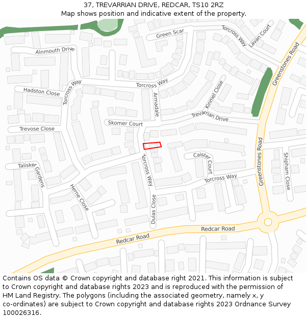 37, TREVARRIAN DRIVE, REDCAR, TS10 2RZ: Location map and indicative extent of plot