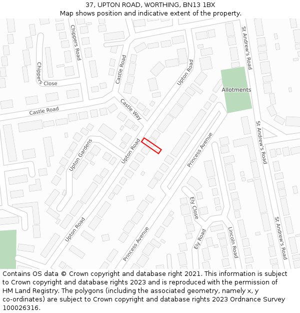 37, UPTON ROAD, WORTHING, BN13 1BX: Location map and indicative extent of plot