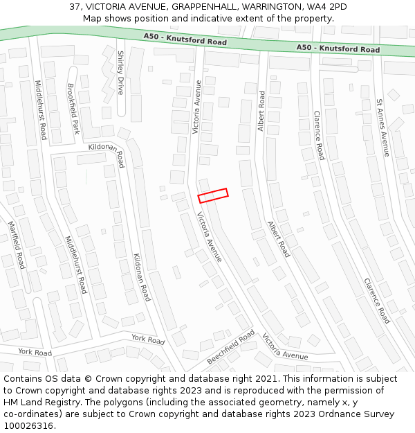 37, VICTORIA AVENUE, GRAPPENHALL, WARRINGTON, WA4 2PD: Location map and indicative extent of plot