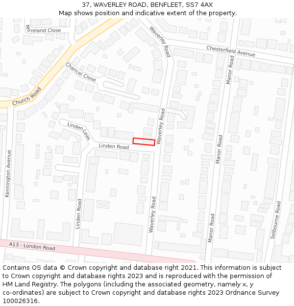 37, WAVERLEY ROAD, BENFLEET, SS7 4AX: Location map and indicative extent of plot