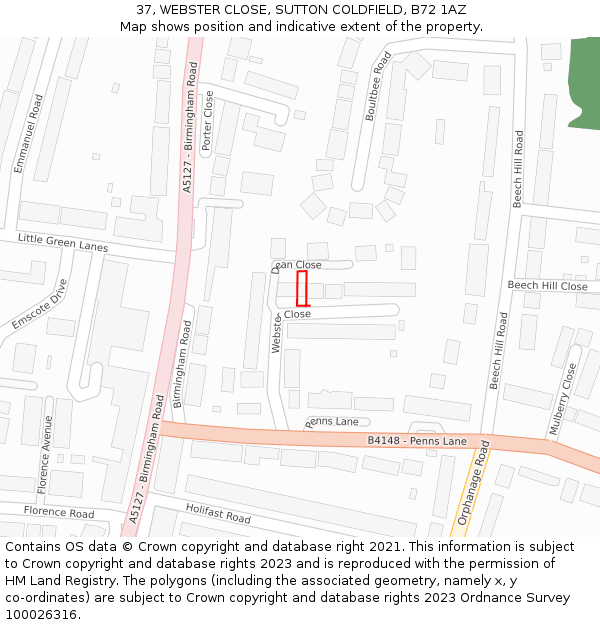 37, WEBSTER CLOSE, SUTTON COLDFIELD, B72 1AZ: Location map and indicative extent of plot