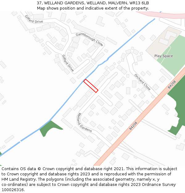 37, WELLAND GARDENS, WELLAND, MALVERN, WR13 6LB: Location map and indicative extent of plot