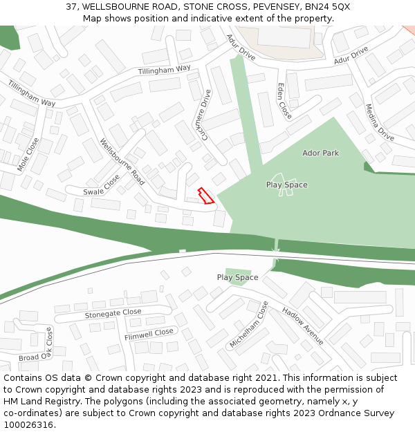 37, WELLSBOURNE ROAD, STONE CROSS, PEVENSEY, BN24 5QX: Location map and indicative extent of plot