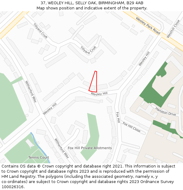 37, WEOLEY HILL, SELLY OAK, BIRMINGHAM, B29 4AB: Location map and indicative extent of plot