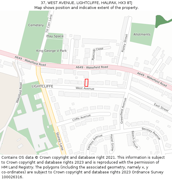 37, WEST AVENUE, LIGHTCLIFFE, HALIFAX, HX3 8TJ: Location map and indicative extent of plot