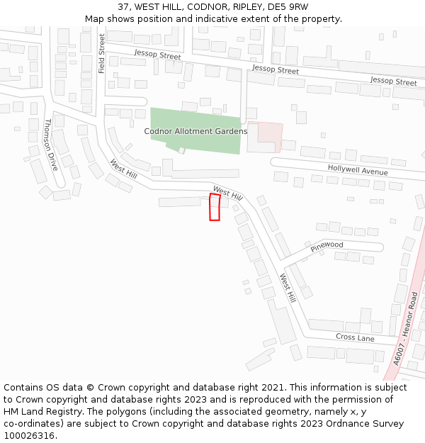 37, WEST HILL, CODNOR, RIPLEY, DE5 9RW: Location map and indicative extent of plot