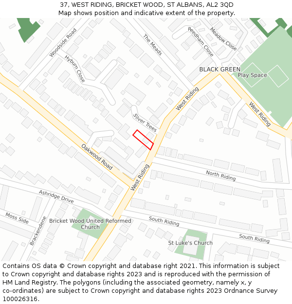 37, WEST RIDING, BRICKET WOOD, ST ALBANS, AL2 3QD: Location map and indicative extent of plot