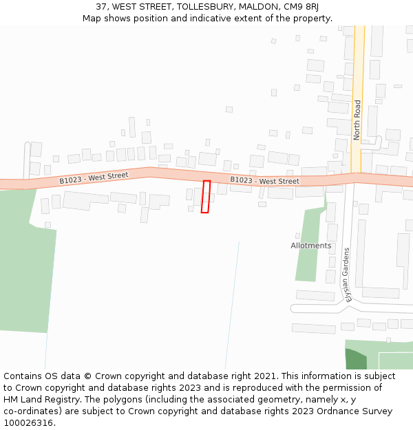 37, WEST STREET, TOLLESBURY, MALDON, CM9 8RJ: Location map and indicative extent of plot