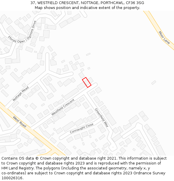 37, WESTFIELD CRESCENT, NOTTAGE, PORTHCAWL, CF36 3SG: Location map and indicative extent of plot
