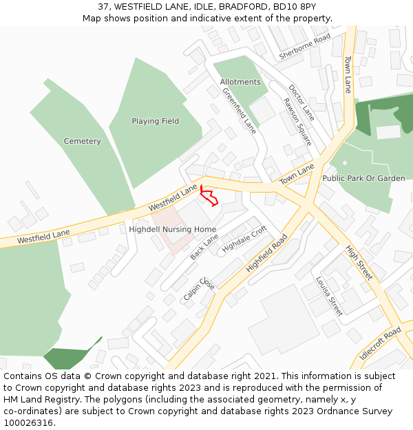 37, WESTFIELD LANE, IDLE, BRADFORD, BD10 8PY: Location map and indicative extent of plot