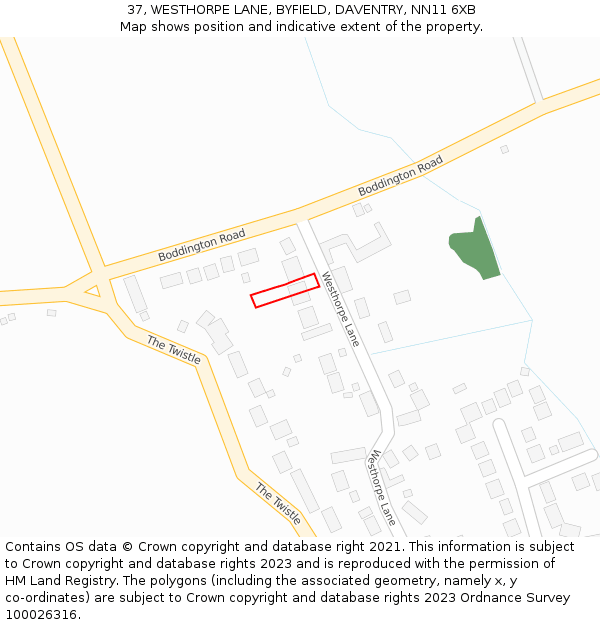 37, WESTHORPE LANE, BYFIELD, DAVENTRY, NN11 6XB: Location map and indicative extent of plot