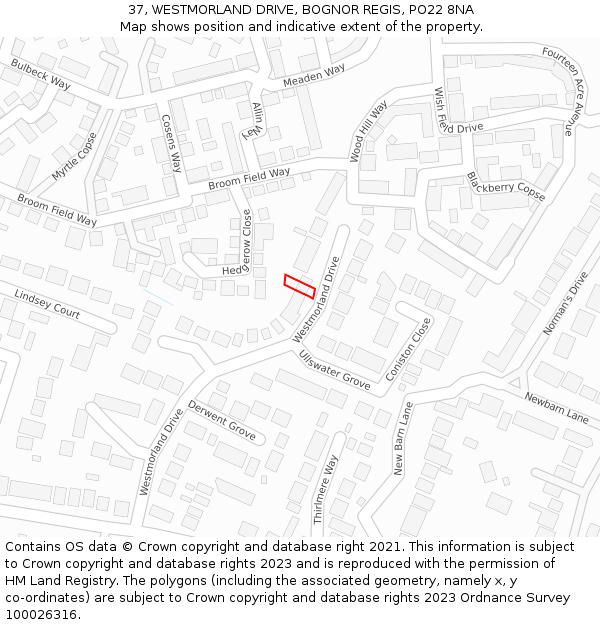 37, WESTMORLAND DRIVE, BOGNOR REGIS, PO22 8NA: Location map and indicative extent of plot