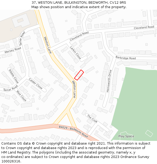 37, WESTON LANE, BULKINGTON, BEDWORTH, CV12 9RS: Location map and indicative extent of plot