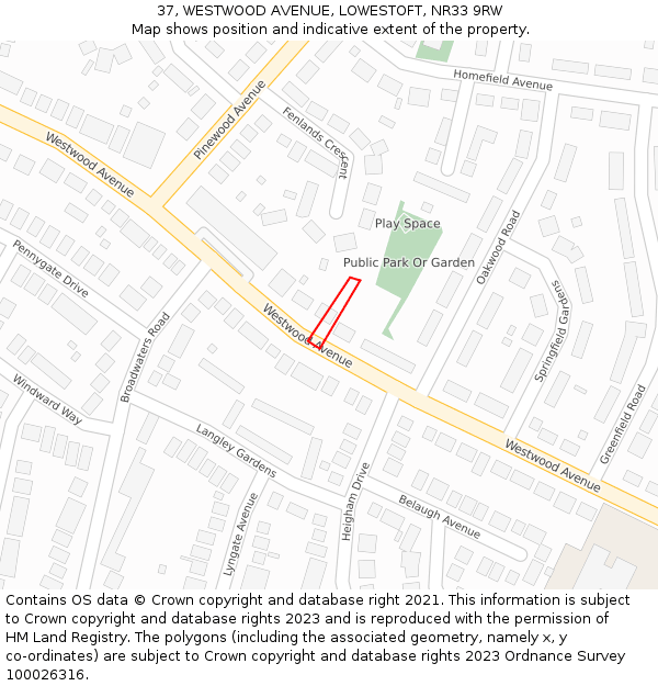 37, WESTWOOD AVENUE, LOWESTOFT, NR33 9RW: Location map and indicative extent of plot