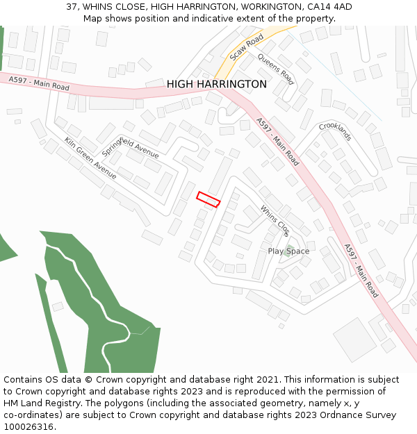 37, WHINS CLOSE, HIGH HARRINGTON, WORKINGTON, CA14 4AD: Location map and indicative extent of plot