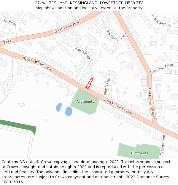 37, WHITES LANE, KESSINGLAND, LOWESTOFT, NR33 7TG: Location map and indicative extent of plot