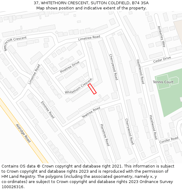 37, WHITETHORN CRESCENT, SUTTON COLDFIELD, B74 3SA: Location map and indicative extent of plot