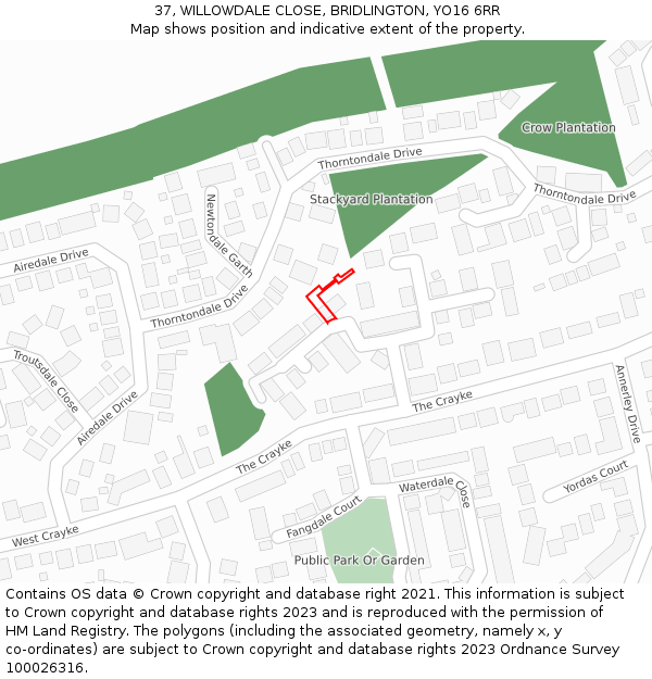 37, WILLOWDALE CLOSE, BRIDLINGTON, YO16 6RR: Location map and indicative extent of plot