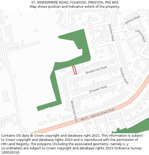 37, WINDERMERE ROAD, FULWOOD, PRESTON, PR2 8AS: Location map and indicative extent of plot