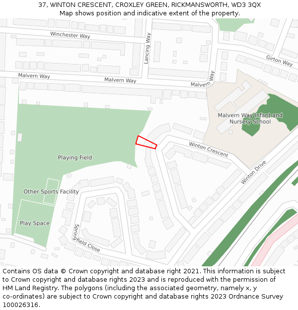 37, WINTON CRESCENT, CROXLEY GREEN, RICKMANSWORTH, WD3 3QX: Location map and indicative extent of plot