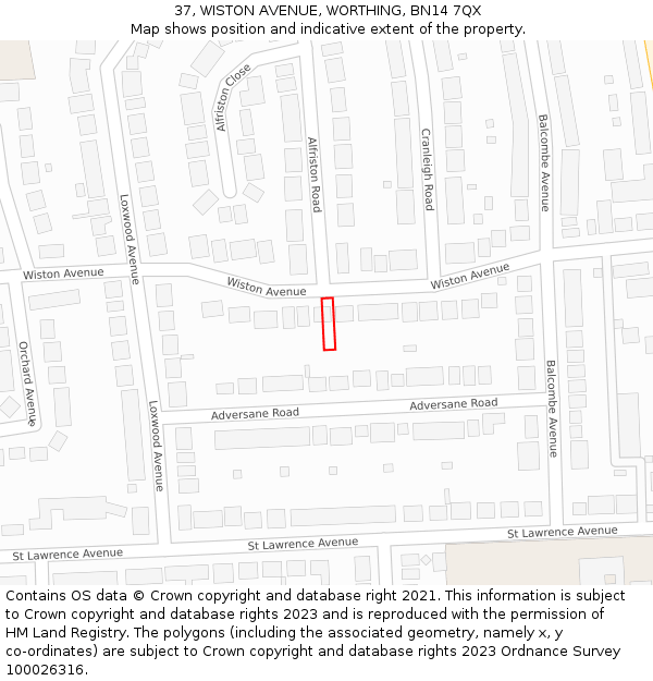 37, WISTON AVENUE, WORTHING, BN14 7QX: Location map and indicative extent of plot