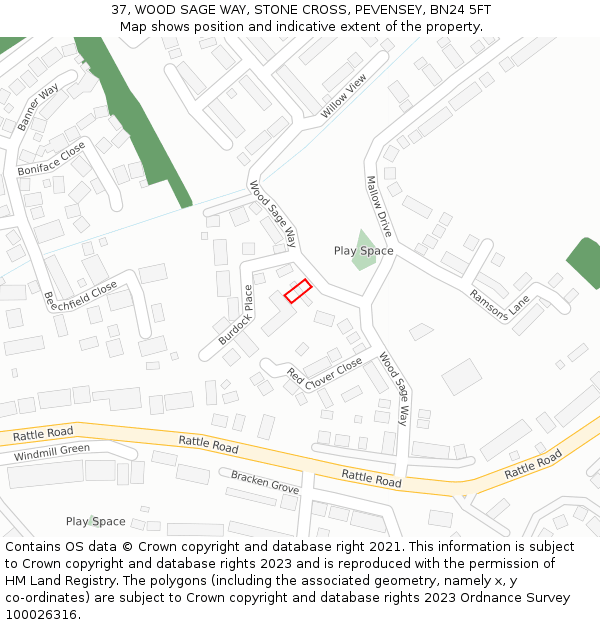 37, WOOD SAGE WAY, STONE CROSS, PEVENSEY, BN24 5FT: Location map and indicative extent of plot