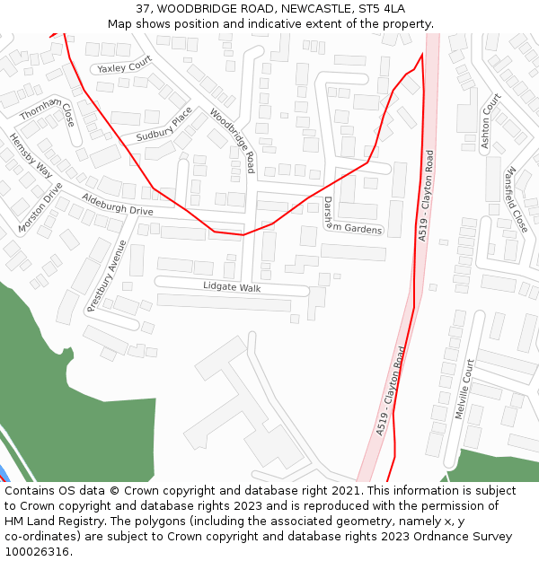 37, WOODBRIDGE ROAD, NEWCASTLE, ST5 4LA: Location map and indicative extent of plot