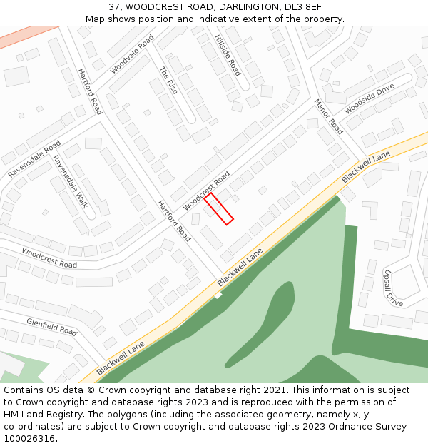 37, WOODCREST ROAD, DARLINGTON, DL3 8EF: Location map and indicative extent of plot