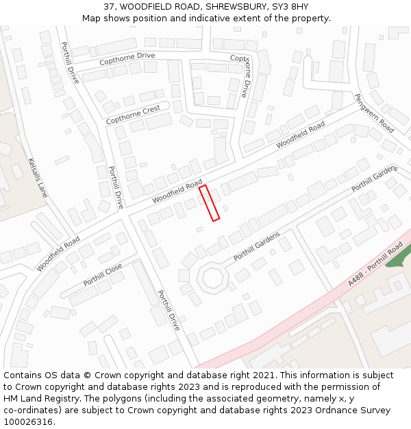 37, WOODFIELD ROAD, SHREWSBURY, SY3 8HY: Location map and indicative extent of plot