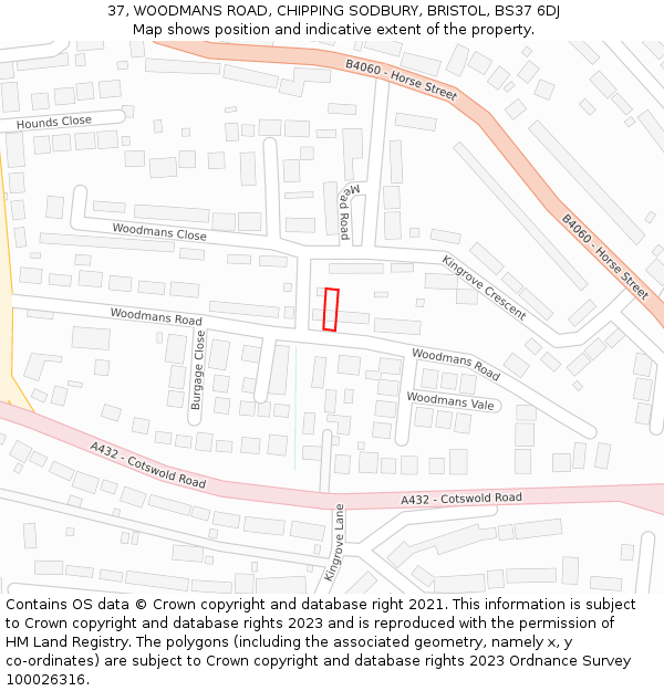 37, WOODMANS ROAD, CHIPPING SODBURY, BRISTOL, BS37 6DJ: Location map and indicative extent of plot