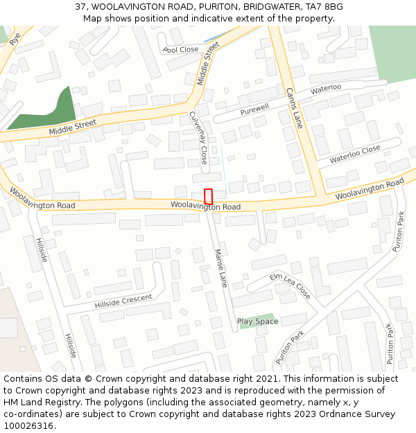 37, WOOLAVINGTON ROAD, PURITON, BRIDGWATER, TA7 8BG: Location map and indicative extent of plot