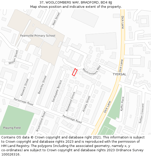 37, WOOLCOMBERS WAY, BRADFORD, BD4 8JJ: Location map and indicative extent of plot